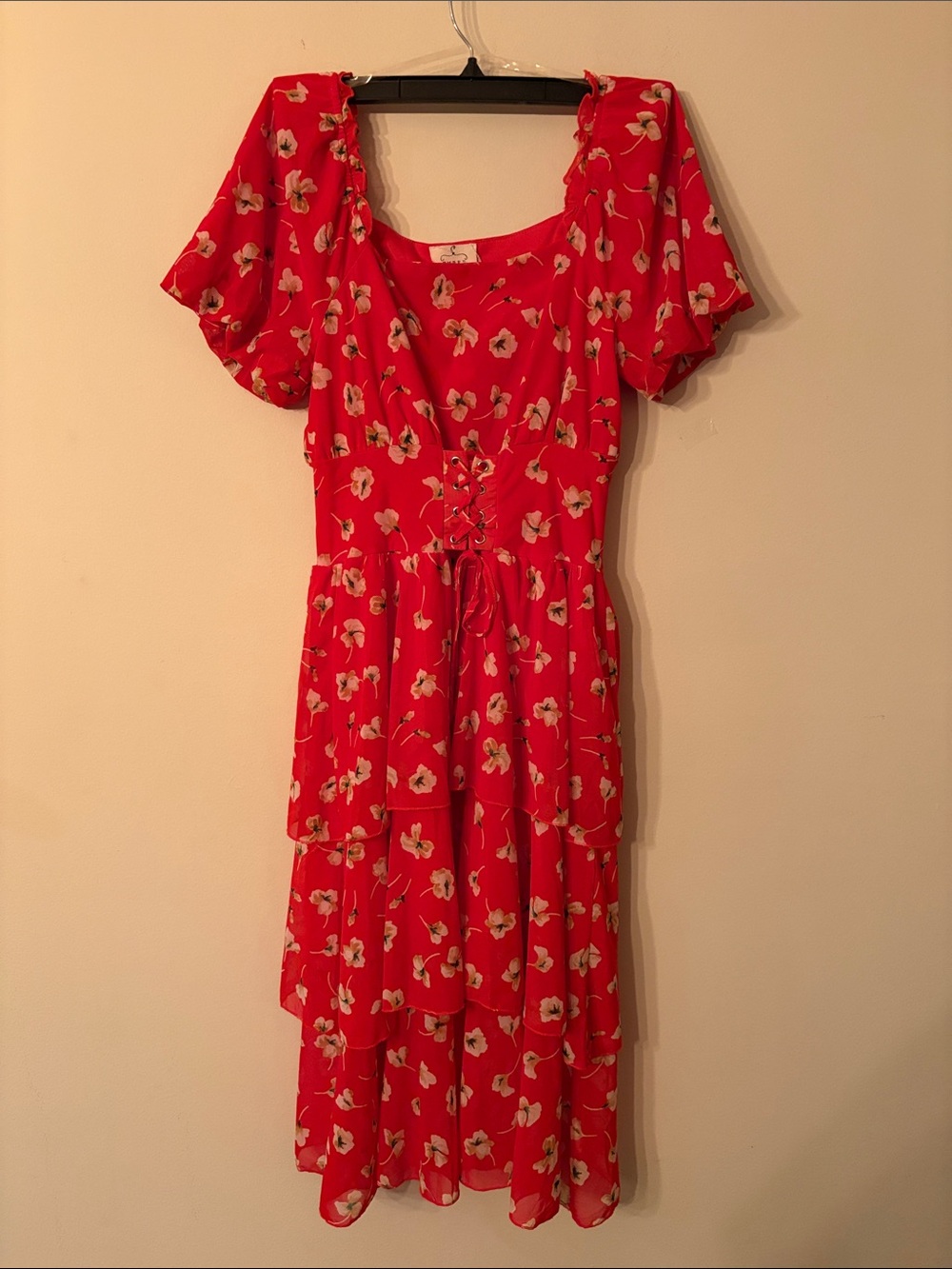 Red Floral Lace-Up Tiered Midi Dress with Puff Sleeves